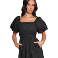 Black Puff Sleeve Square Neck Midi Dress for Women