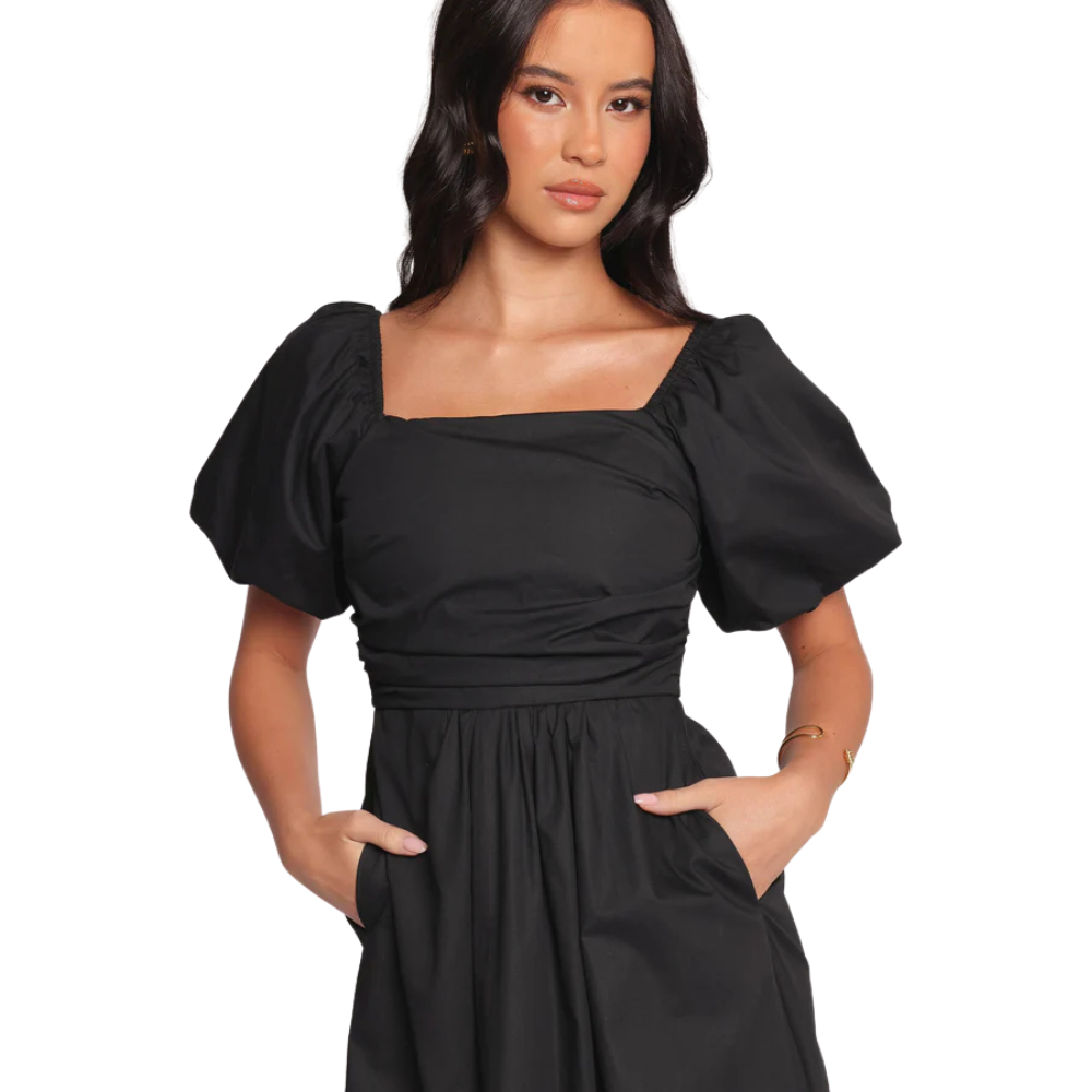 Black Puff Sleeve Square Neck Midi Dress for Women