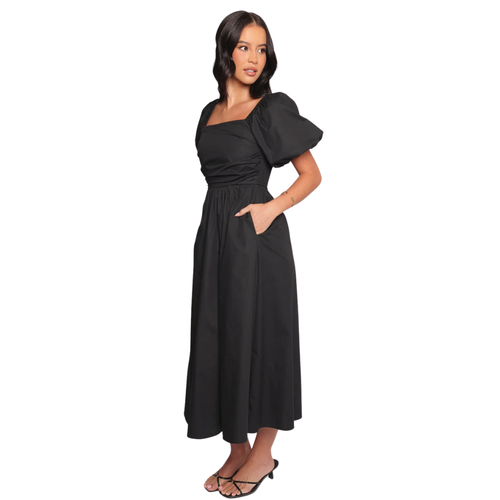 Black Puff Sleeve Square Neck Midi Dress for Women