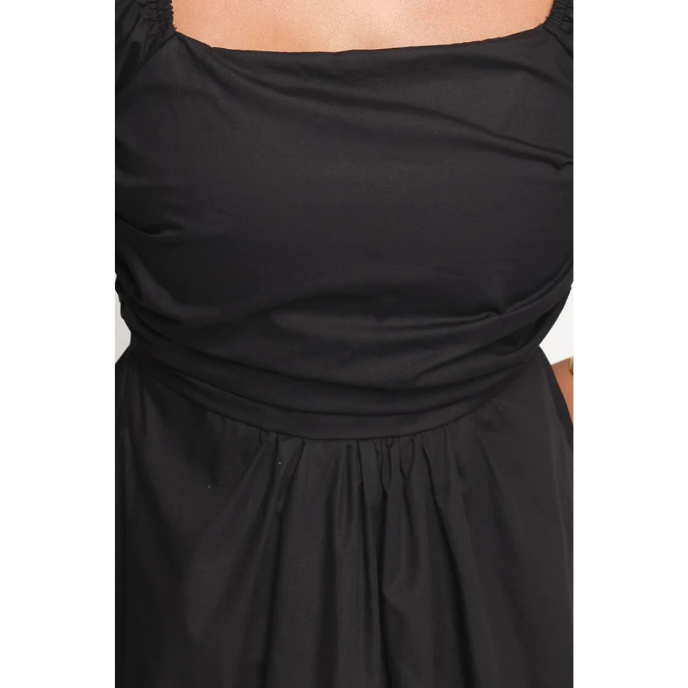 Black Puff Sleeve Square Neck Midi Dress for Women