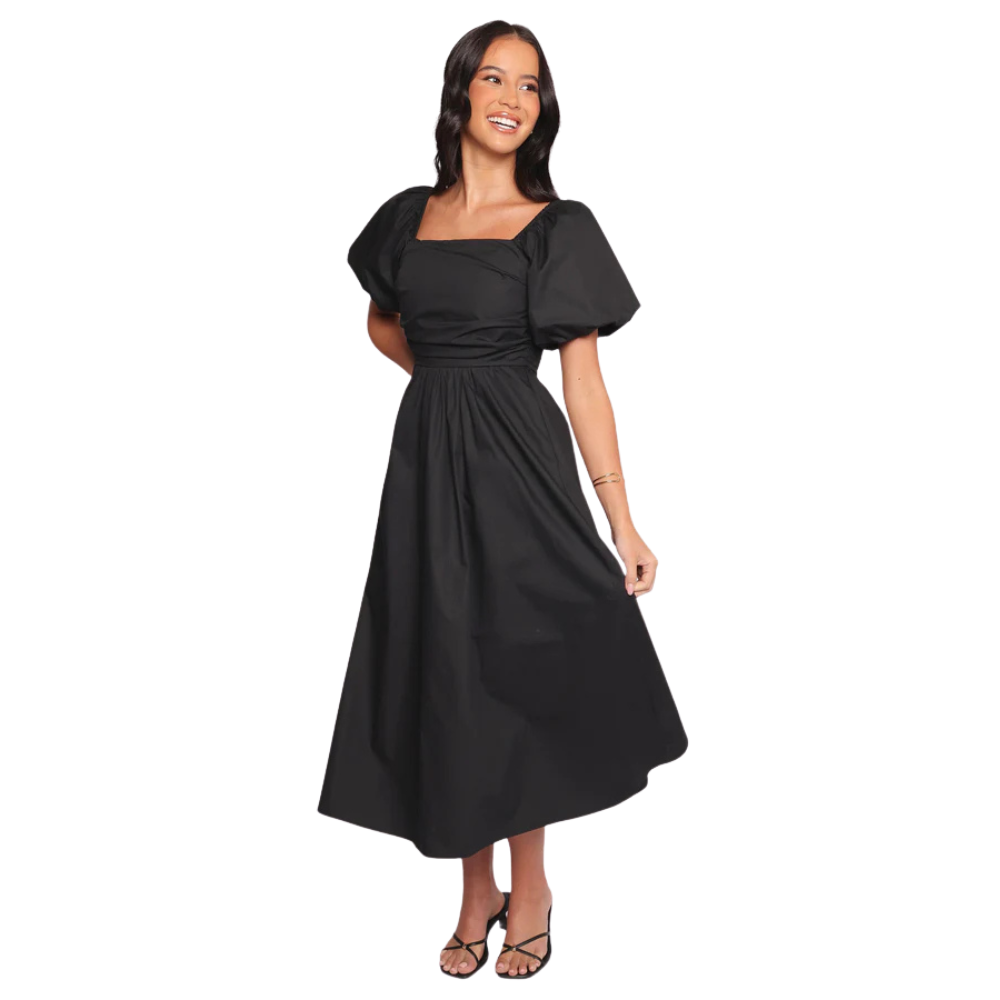 Black Puff Sleeve Square Neck Midi Dress for Women