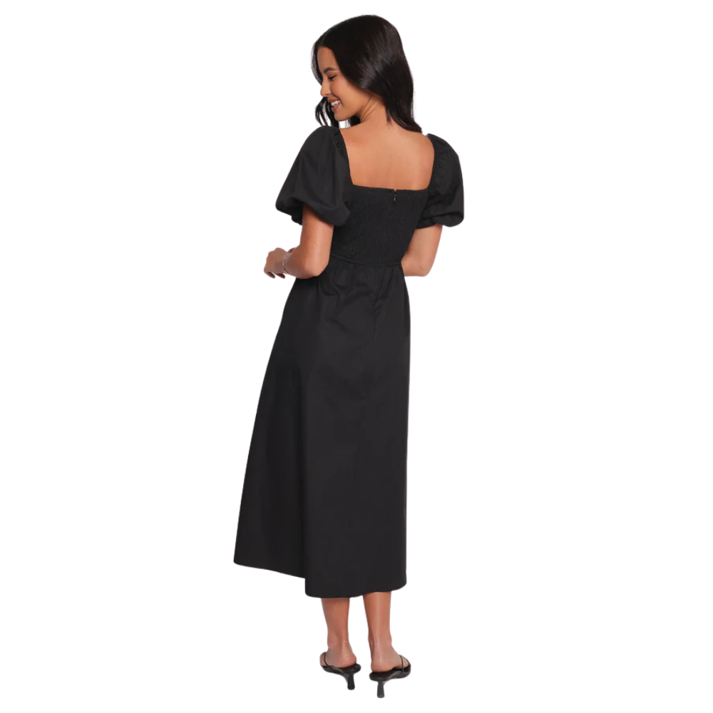 Black Puff Sleeve Square Neck Midi Dress for Women