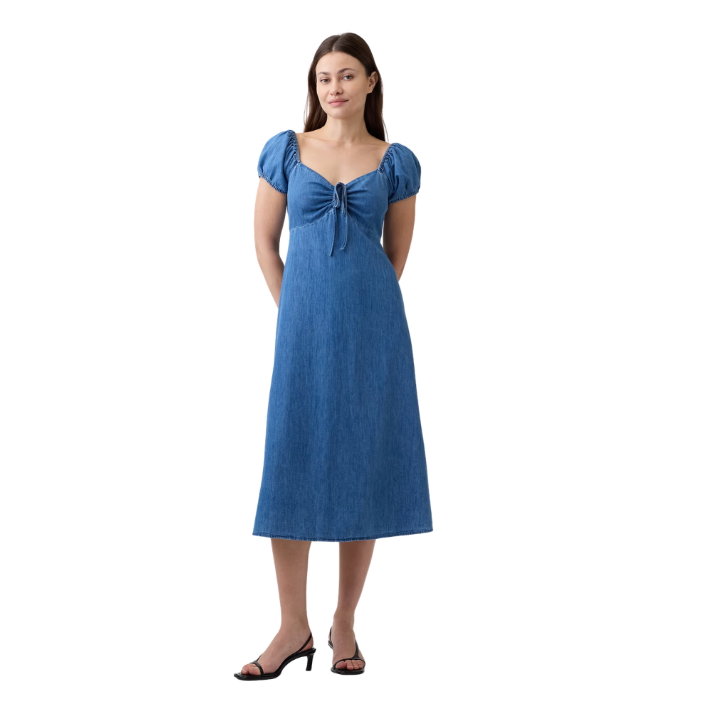Puff Sleeve Denim Midi Dress for Women