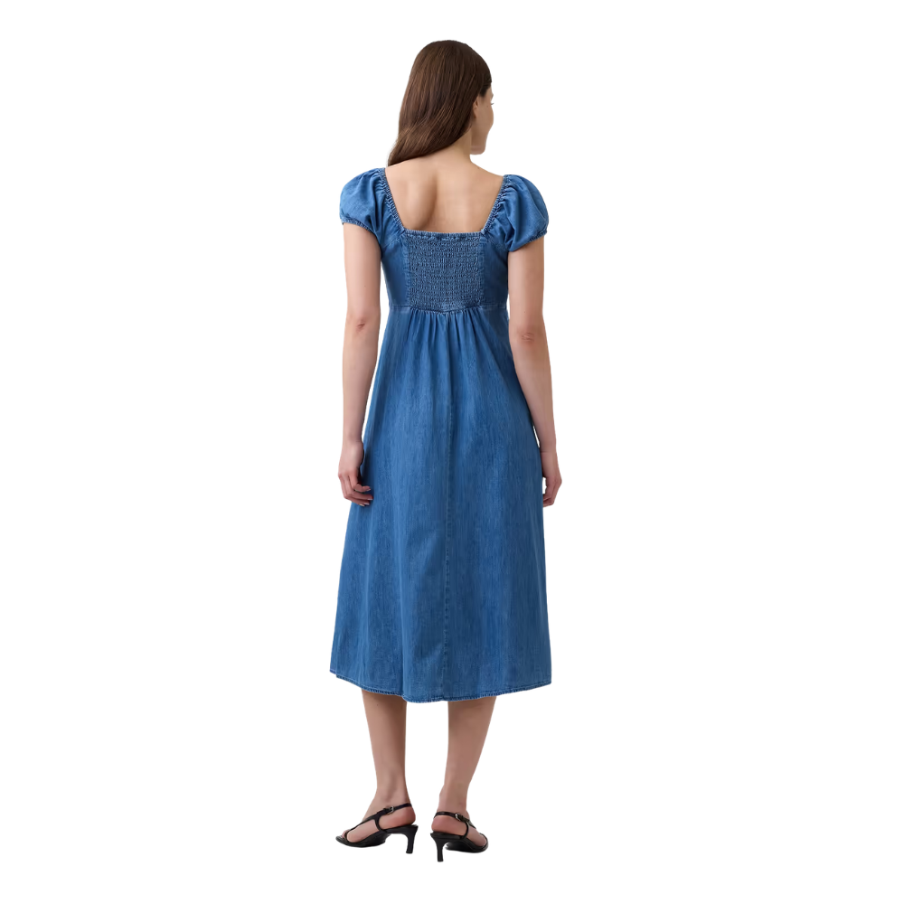 Puff Sleeve Denim Midi Dress for Women
