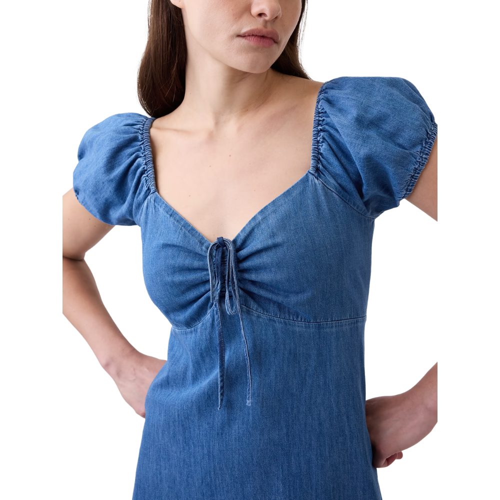 Puff Sleeve Denim Midi Dress for Women