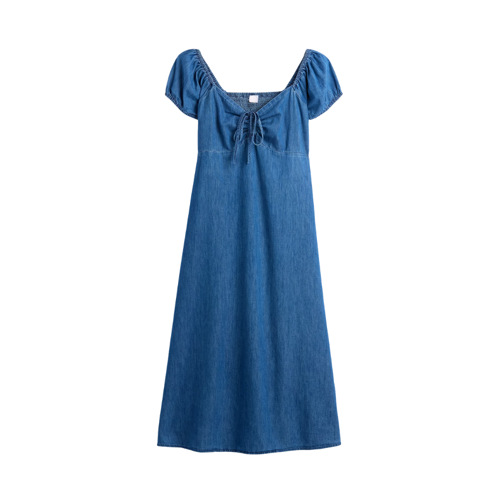 Puff Sleeve Denim Midi Dress for Women