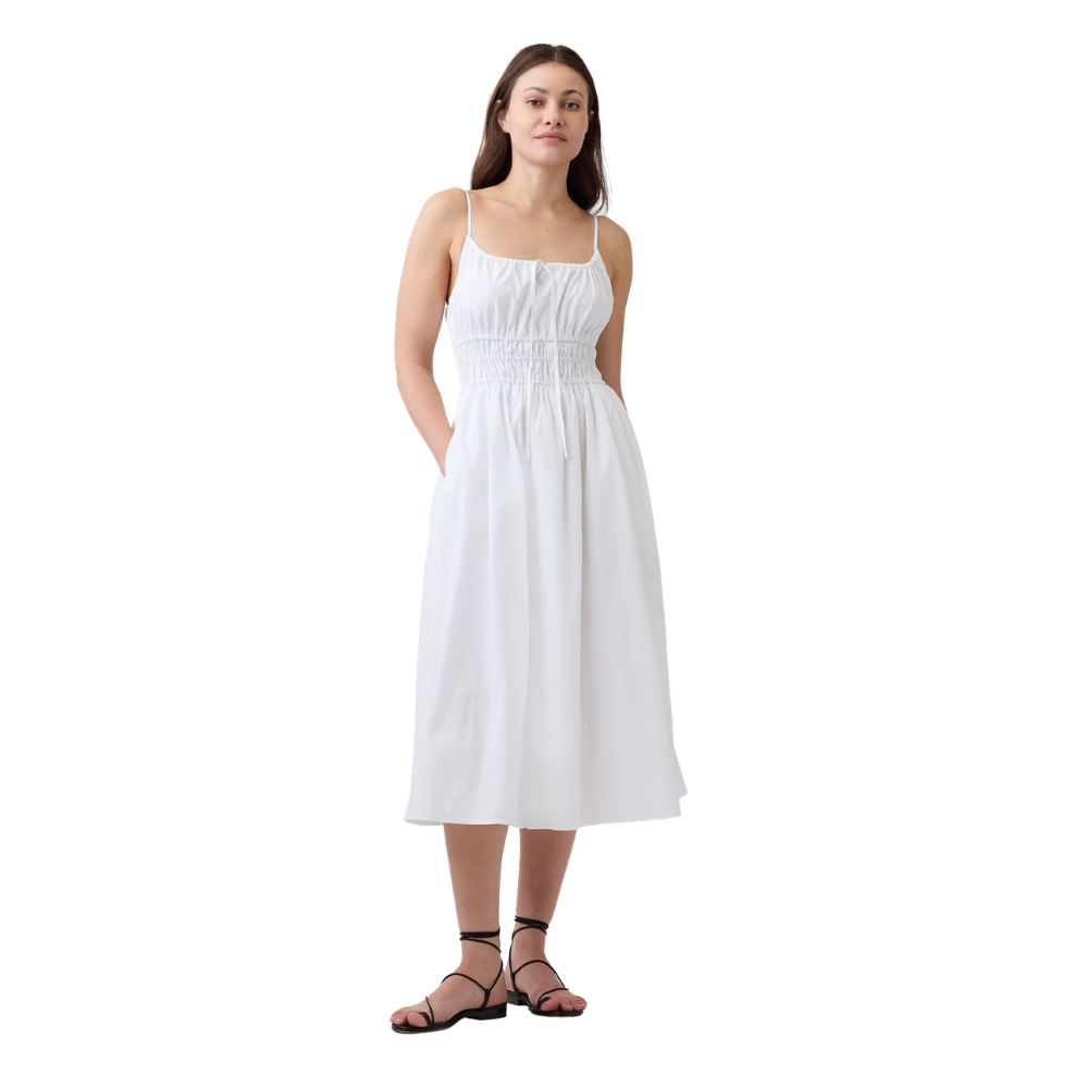 White Smocked Tie-Front Midi Dress