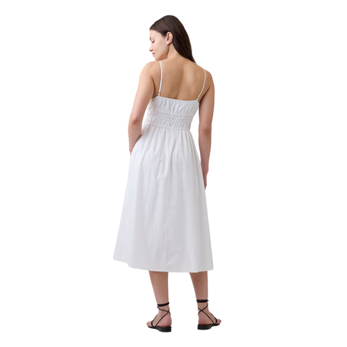 White Smocked Tie-Front Midi Dress