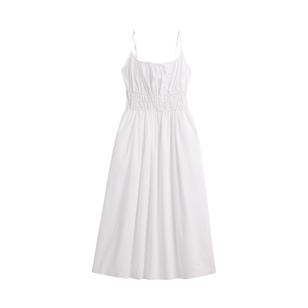 White Smocked Tie-Front Midi Dress