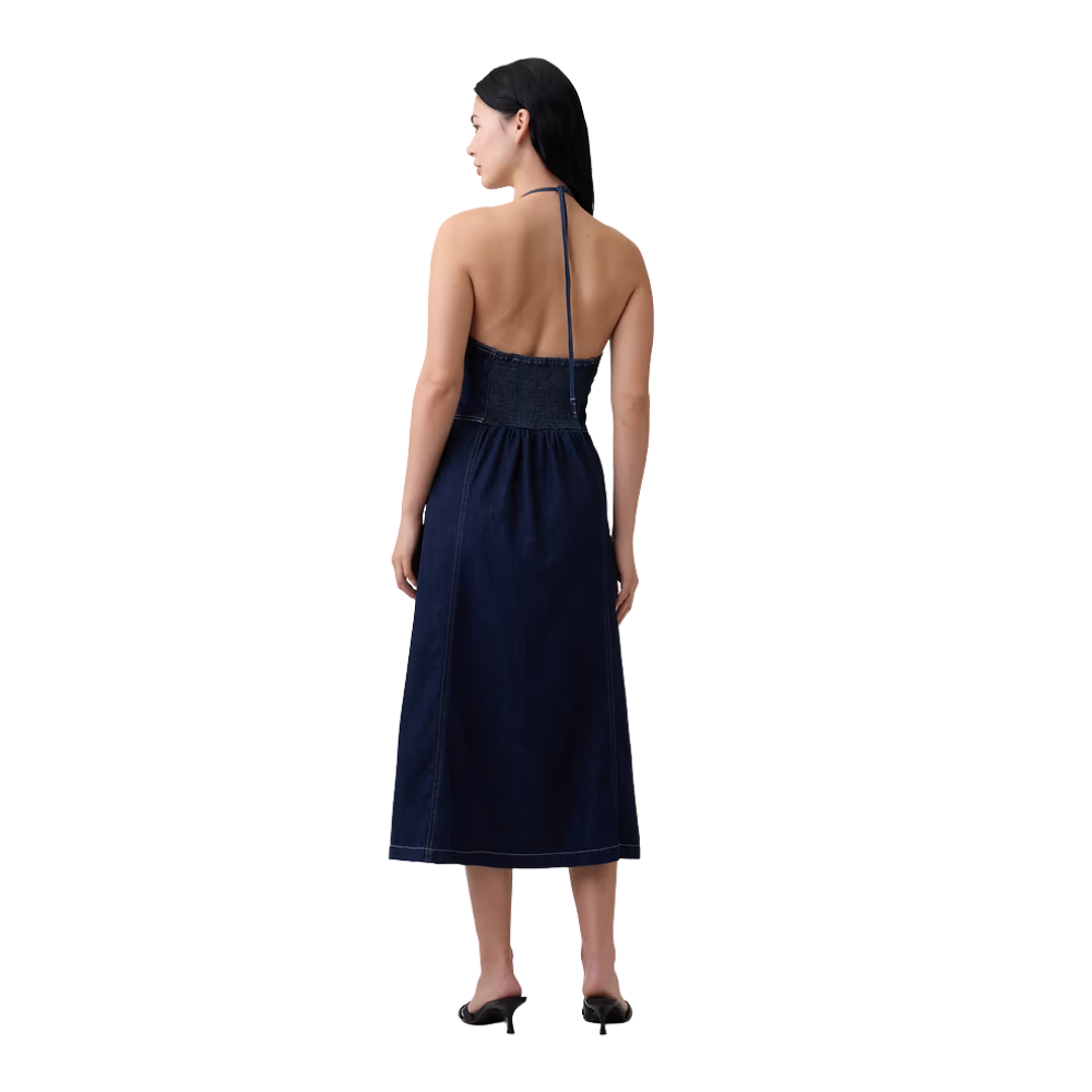 Women's Dark Blue Denim Halter Midi Dress