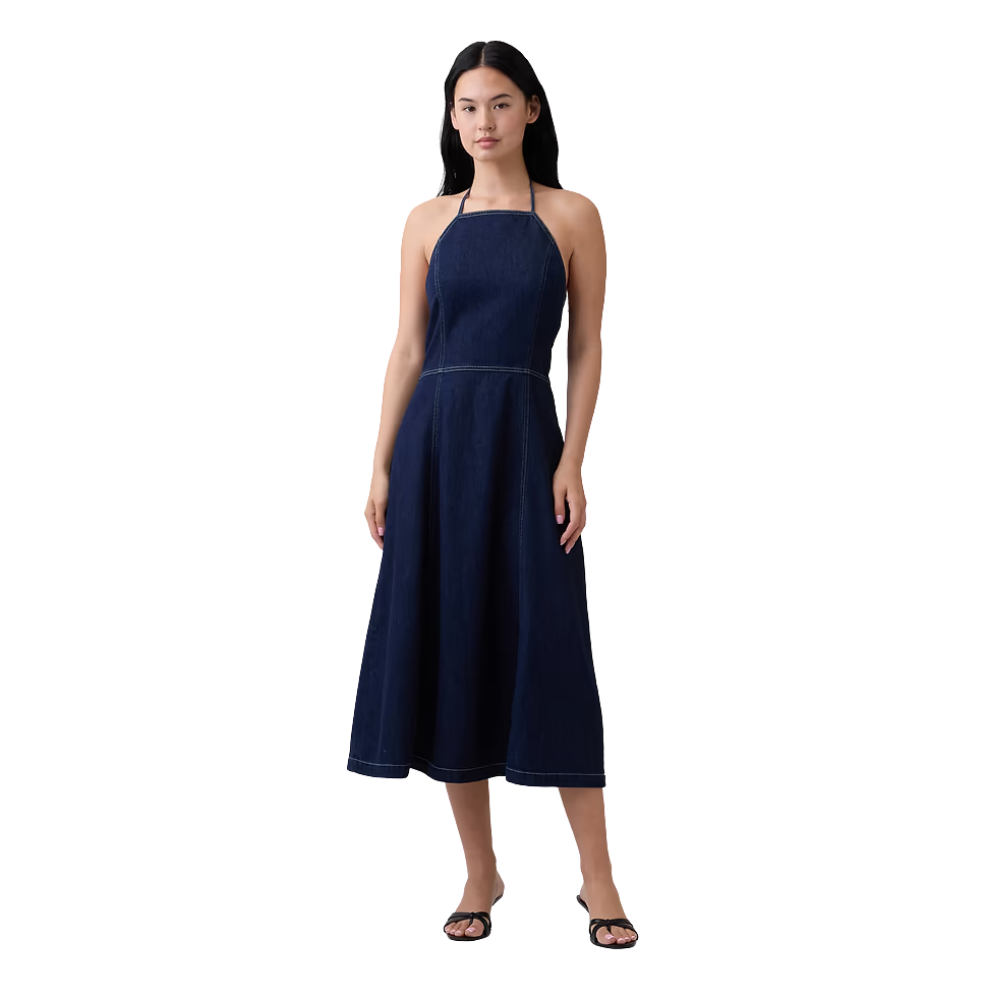 Women's Dark Blue Denim Halter Midi Dress