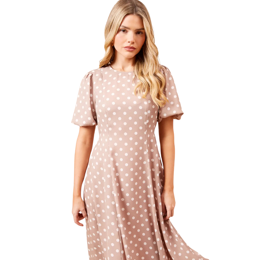 Women's Spot Seamed Puff Sleeve Midi Dress