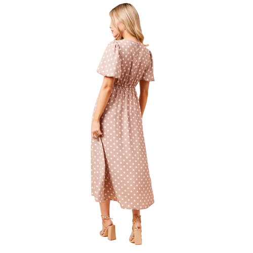 Women's Spot Seamed Puff Sleeve Midi Dress