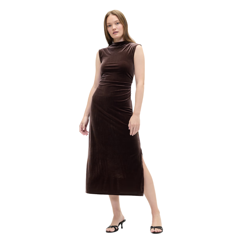 Women's Velvet Mock Neck Ruched Midi Dress