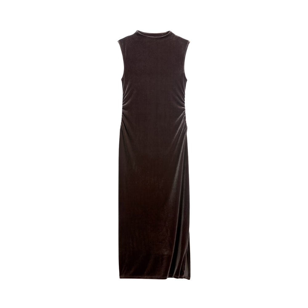 Women's Velvet Mock Neck Ruched Midi Dress