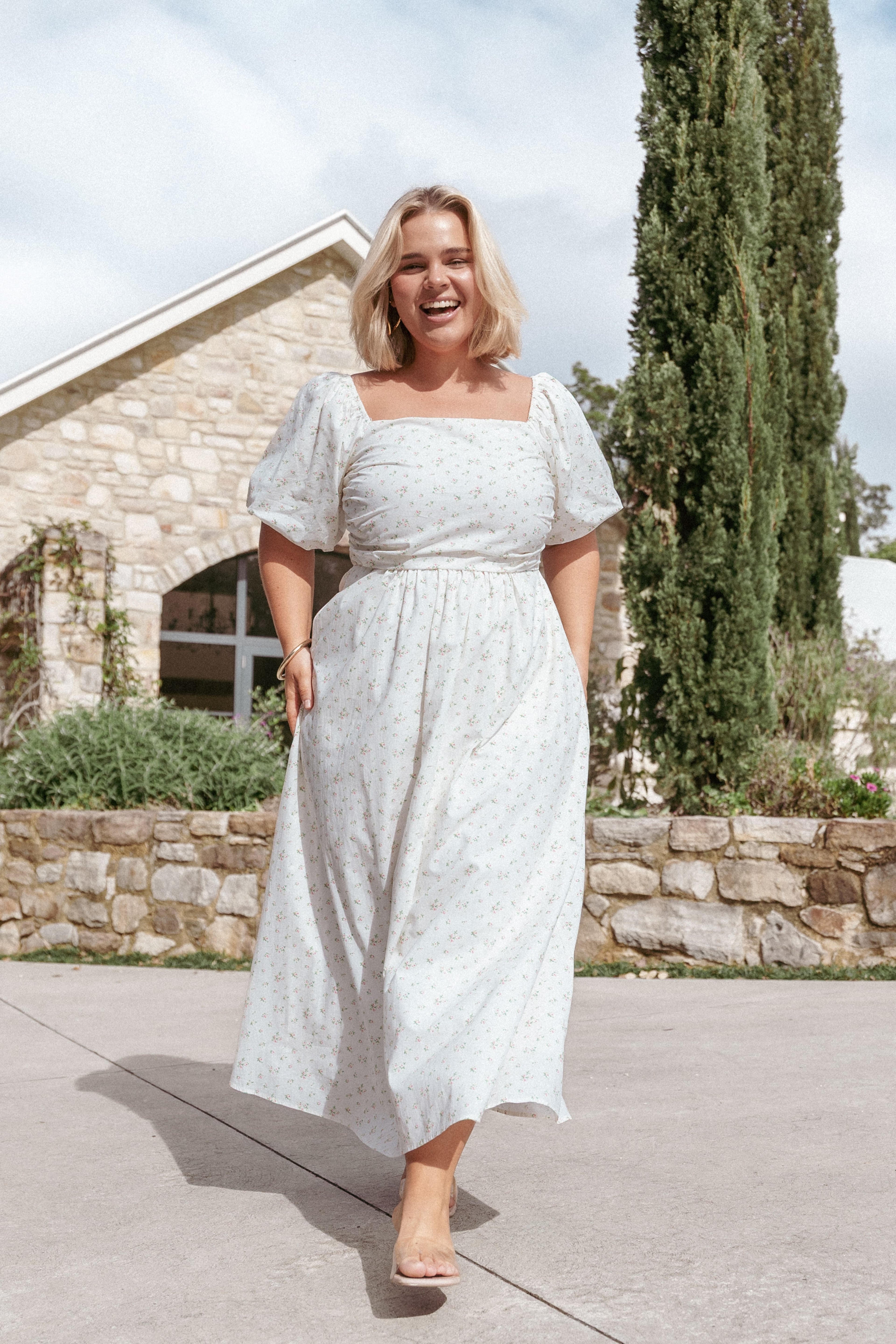 Clo Puff Sleeve Midi Dress - White Betty