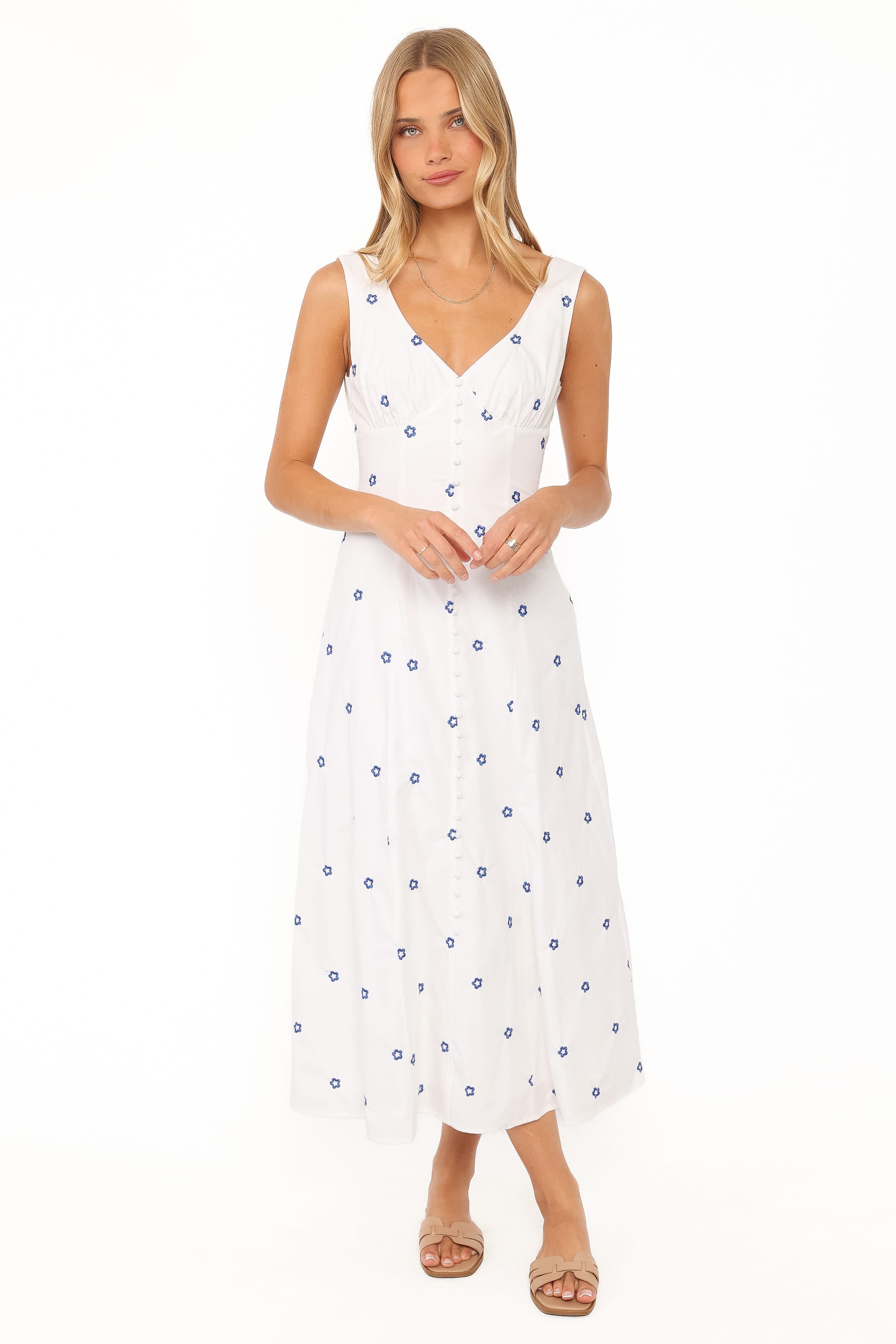 Luellen Embroidered Daisy Midi Dress - White