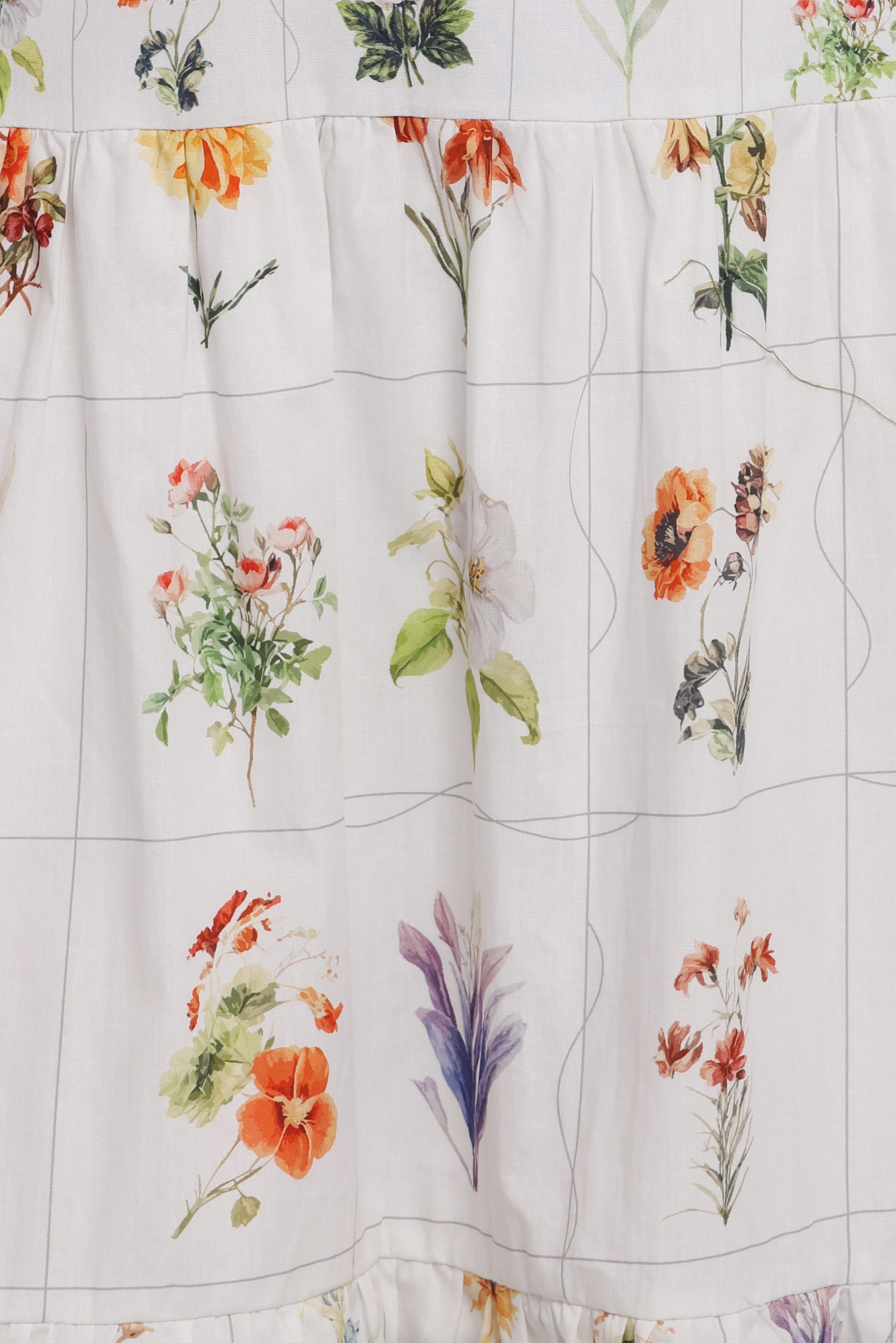 Floral patterned fabric with colorful flowers on a white background