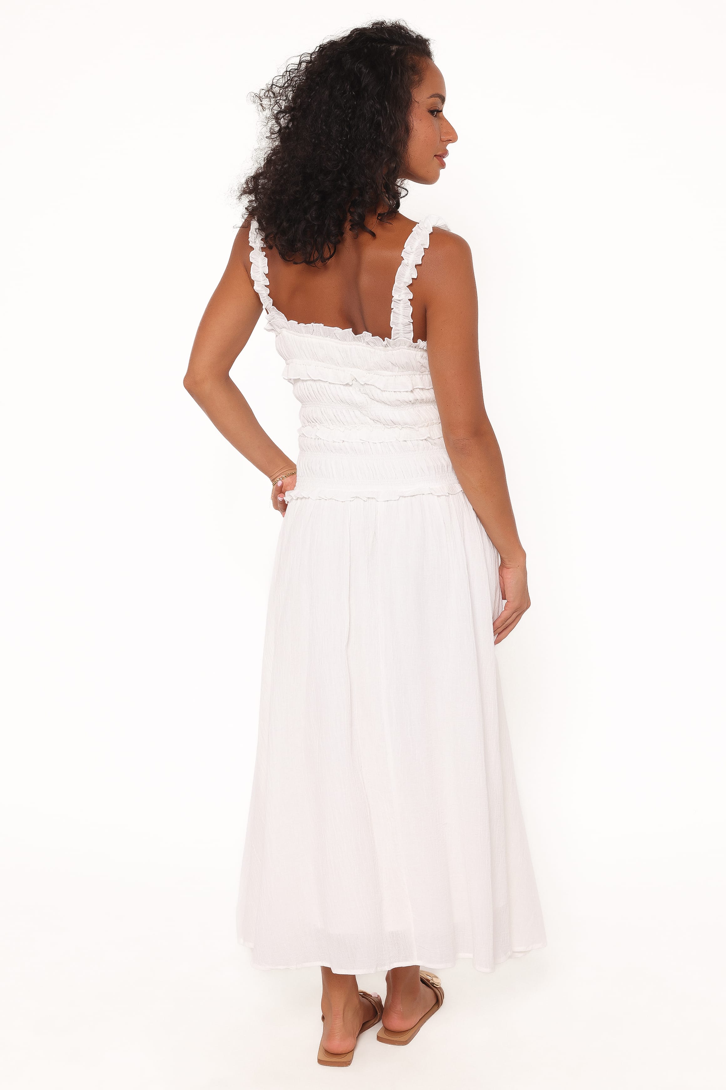 Enola Gather Midi Dress - White